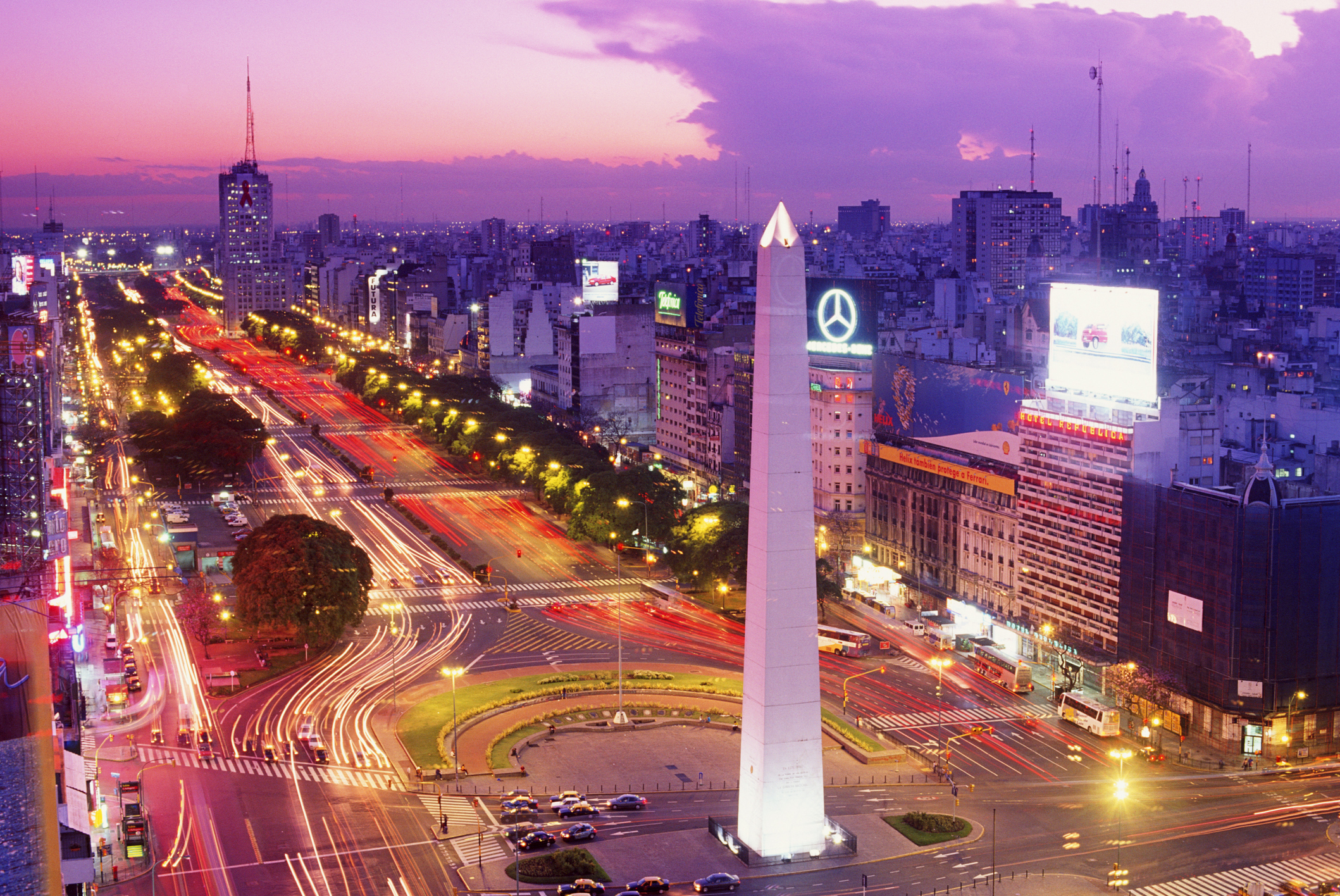 Argentina, Buenos Aires, Plaza de la Republica at dusk, elevated view